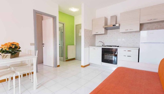 Two-room apartment of 45 sqm, consisting of a large living room/dining area with equipped kitchenette and sofa bed with 2 single pull-out beds, a double bedroom, bathroom with shower, private balcony complete with table and chairs.Equipped with:- Air con